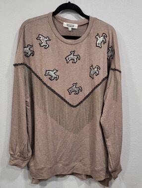 Rowdy Crowd Women's Western Sequin Bronco Metal-Fringe Sweatshirt Top 2XL
